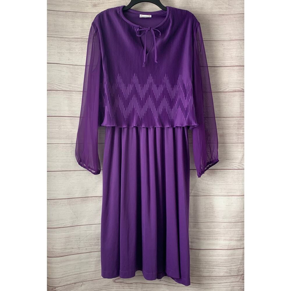 Vintage Amy-Deb Purple Dress Sheer Long Sleeves Tie Neck Chevron Pleats